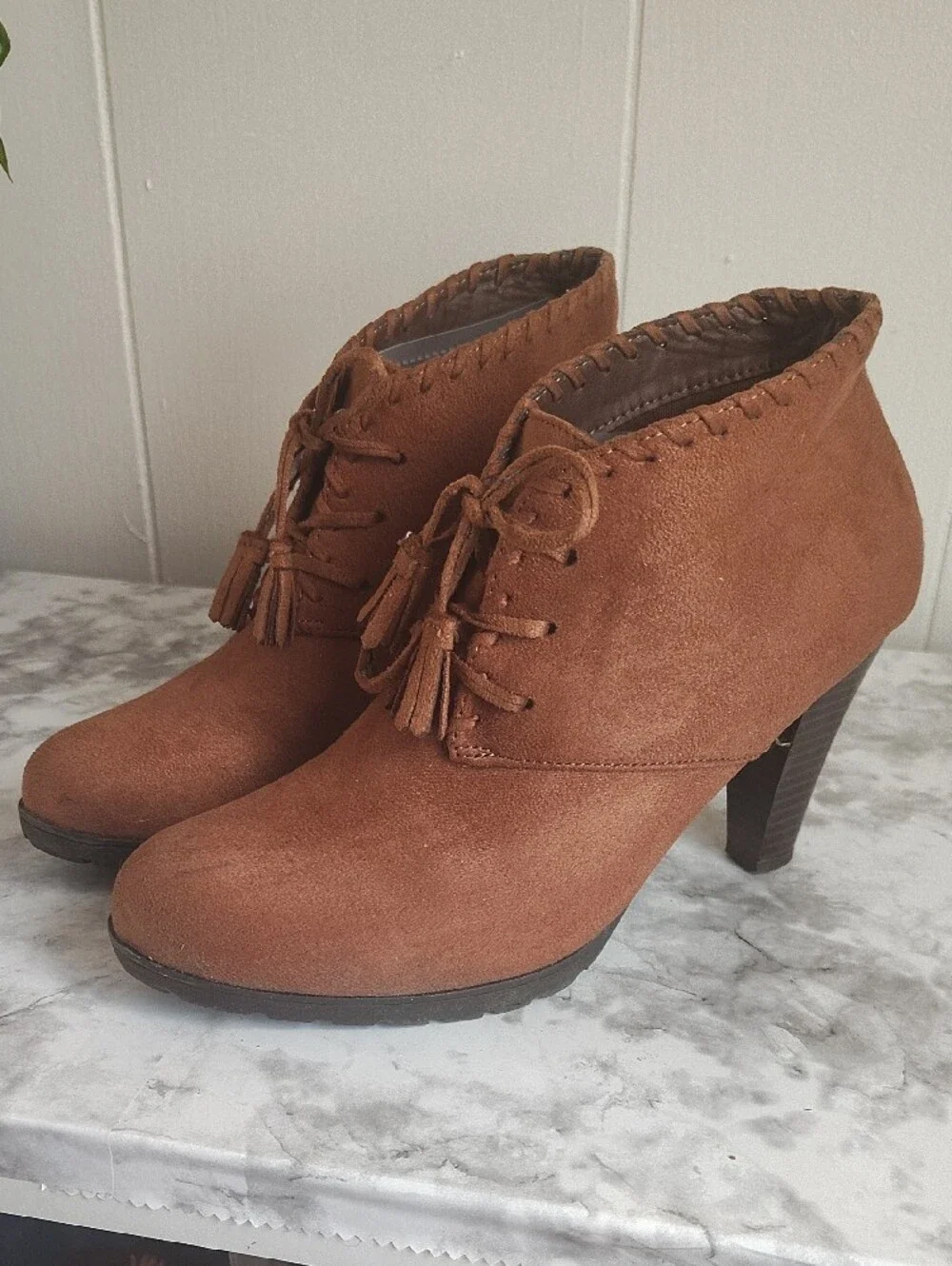 Temptations Suede Tassel Lace-Up Ankle Booties - Cognac Brown